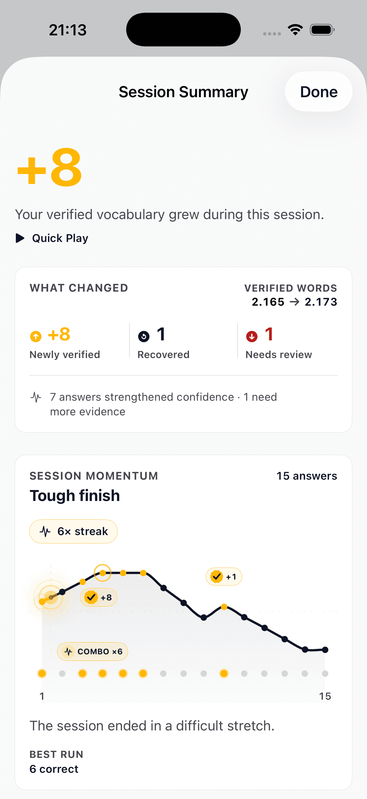 The actual What Changed panel from a VocaNum session: eight newly verified words, one recovered, and one needing review.